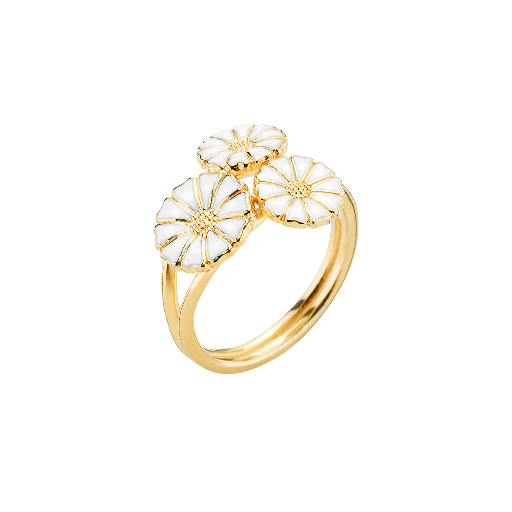 Daisy ring in 24 gold-plated silver and white enamel, 7-9mm