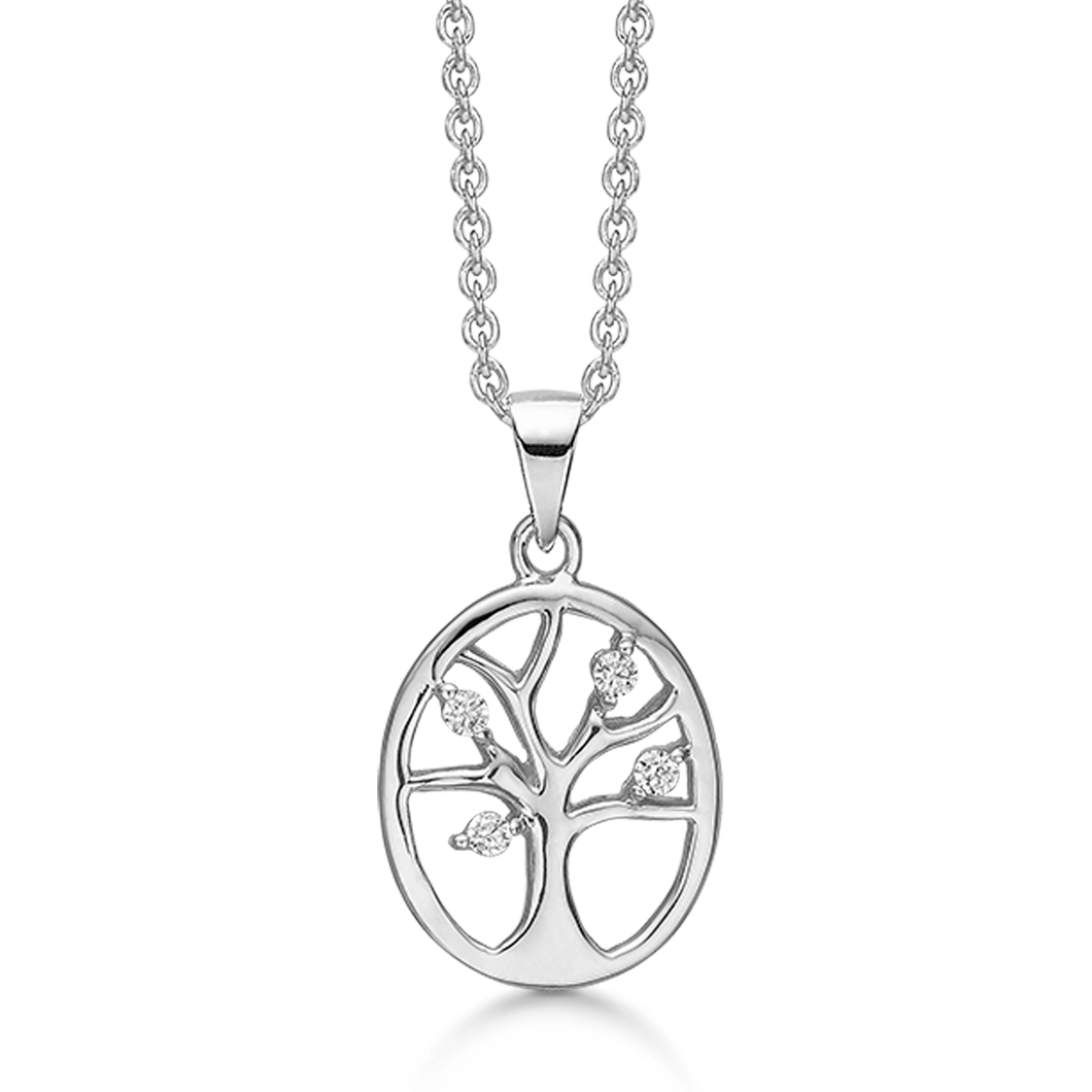 Necklace rhodium-plated tree of life in a circle with zirconia and in green color on leaves (925)