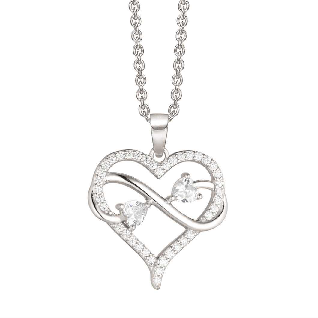 Necklace rhodium-plated heart with zirconia on the edge with 3 smooth hearts inside. (925)