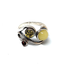 Load image into Gallery viewer, Amber ring with green, milk and cognac amber (925)
