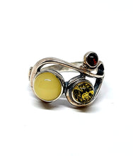 Load image into Gallery viewer, Amber ring with green, milk and cognac amber (925)
