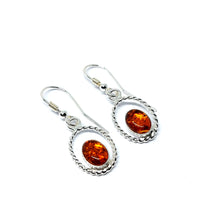 Load image into Gallery viewer, Amber hanging earrings with Celtic pattern (925)
