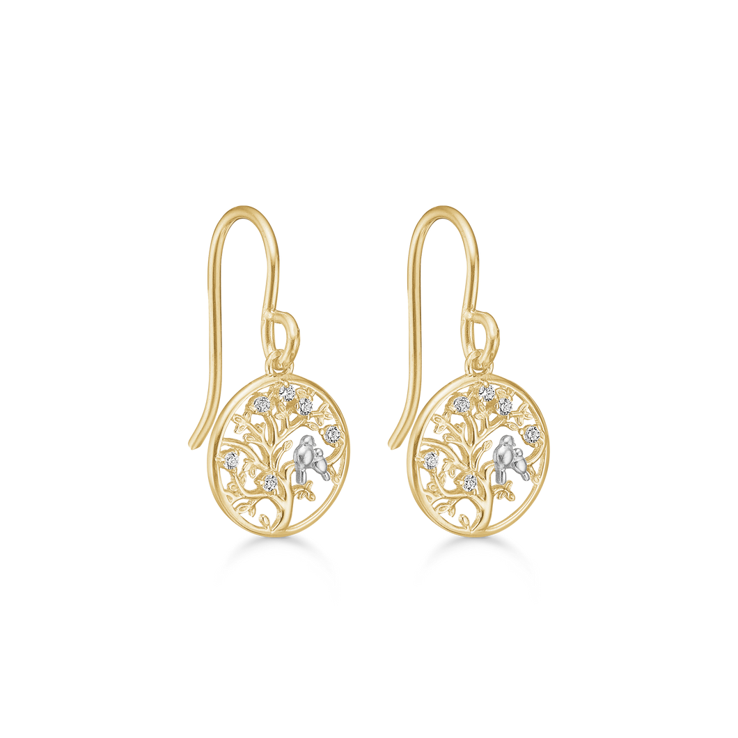 Tree of life earrings in a circle with 2 birds with synthetic cubic zirconia 8 kt. gold (333)