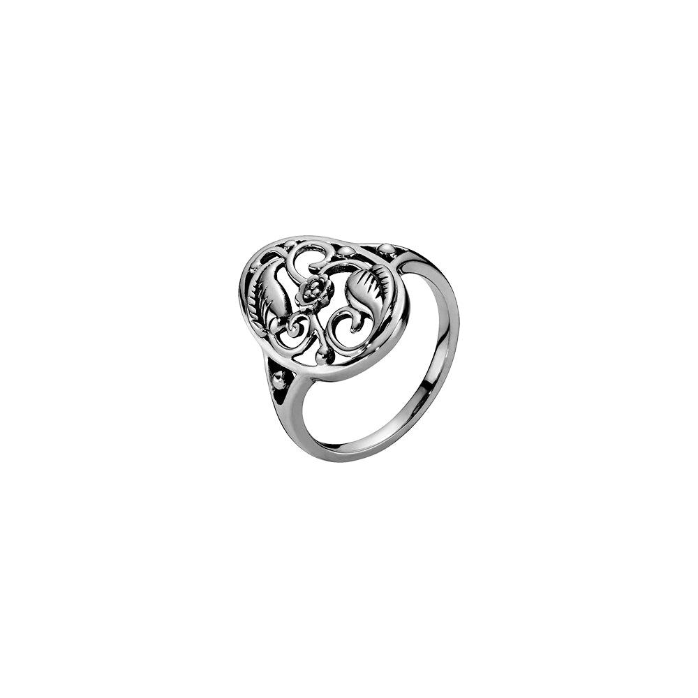 Ring m. blomst & blade oxyderet (925)