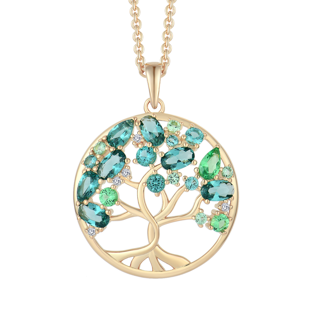 Necklace rhodium-plated tree of life in a circle with zirconia and in green color on leaves (925)