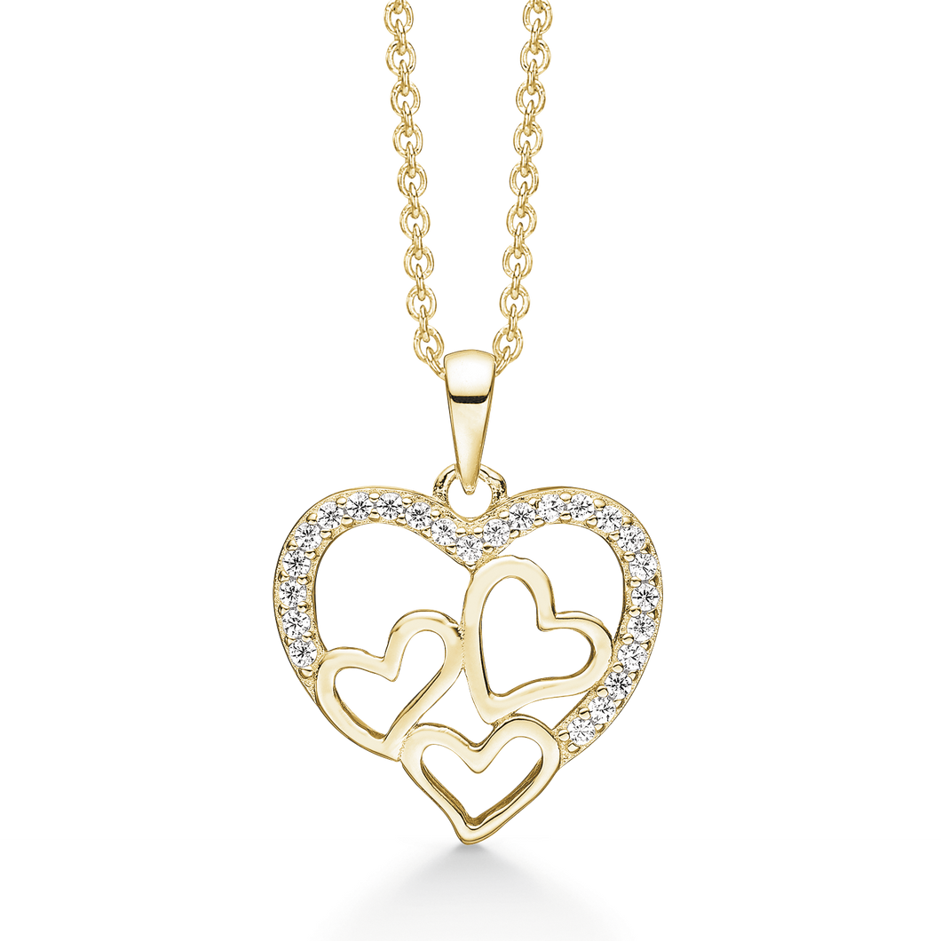 Necklace rhodium-plated heart with zirconia on the edge with 3 smooth hearts inside. (925)