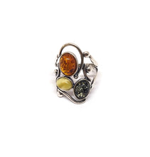 Load image into Gallery viewer, Amber ring with green, milk and cognac amber (925)
