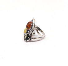 Load image into Gallery viewer, Amber ring with green, milk and cognac amber (925)
