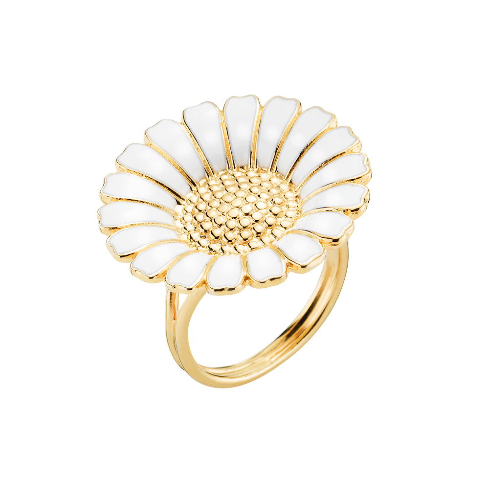 Daisy ring 25mm in 24 kt. FG silver and white enamel, flower (925)