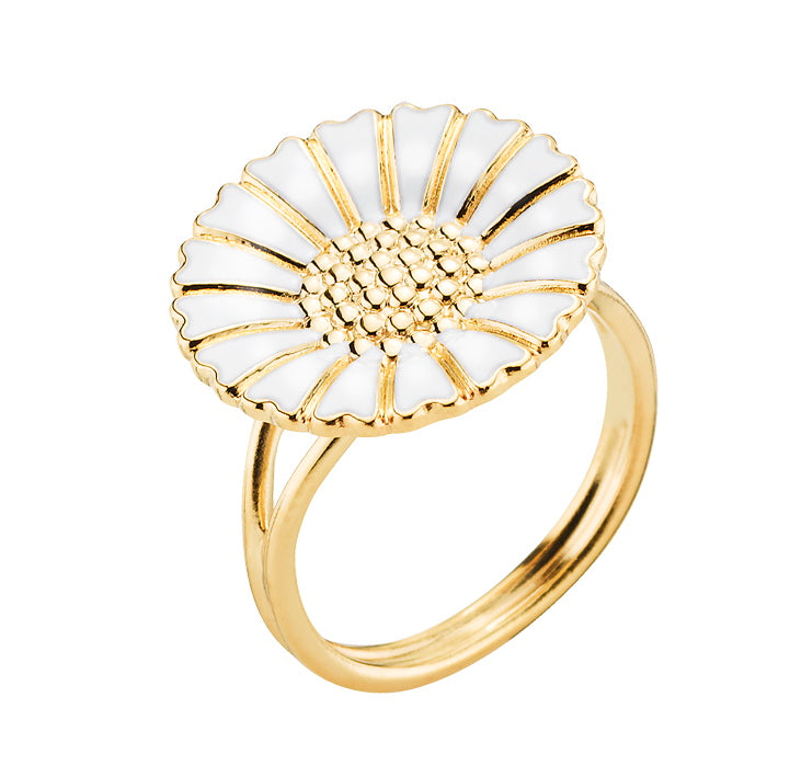 Daisy ring 18mm in gold-plated silver and white enamel flower (925)