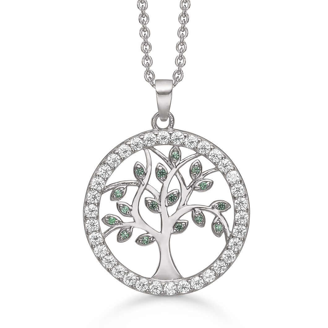 Necklace rhodium-plated tree of life in a circle with zirconia and in green color on leaves (925)