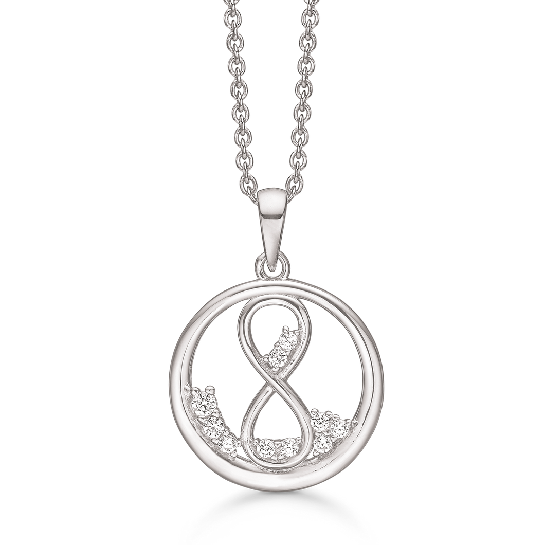 Necklace rhodium-plated smooth ring with eternity sign and with synthetic cubic zirconia. 