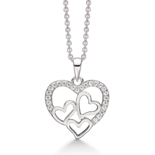 Load image into Gallery viewer, Necklace rhodium-plated heart with zirconia on the edge with 3 smooth hearts inside. (925)
