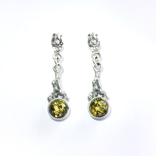 <transcy>Green Amber pendant earrings with "fused" pattern (925)</transcy>