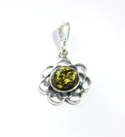 Green amber pendant open flower (925)