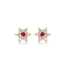 Indlæs billede til gallerivisning 8 kt. guld Ørestikker rosét med rubin og 6 syntetiske cubic zirconia (333)
