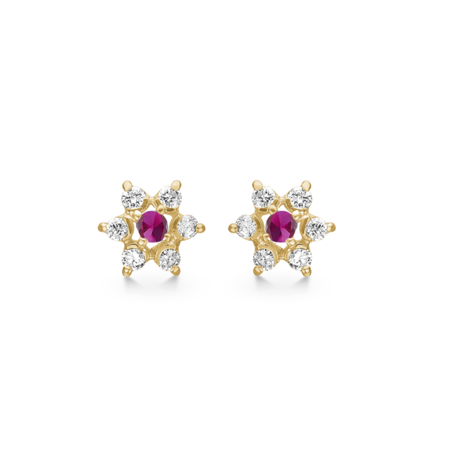 8 kt. guld Ørestikker rosét med rubin og 6 syntetiske cubic zirconia (333)