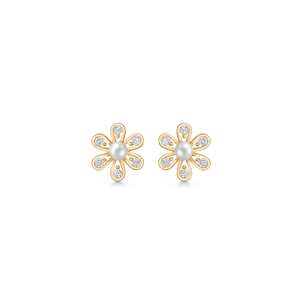 Stud earrings flower with pearls and zirconia in 8 kt. gold (333)