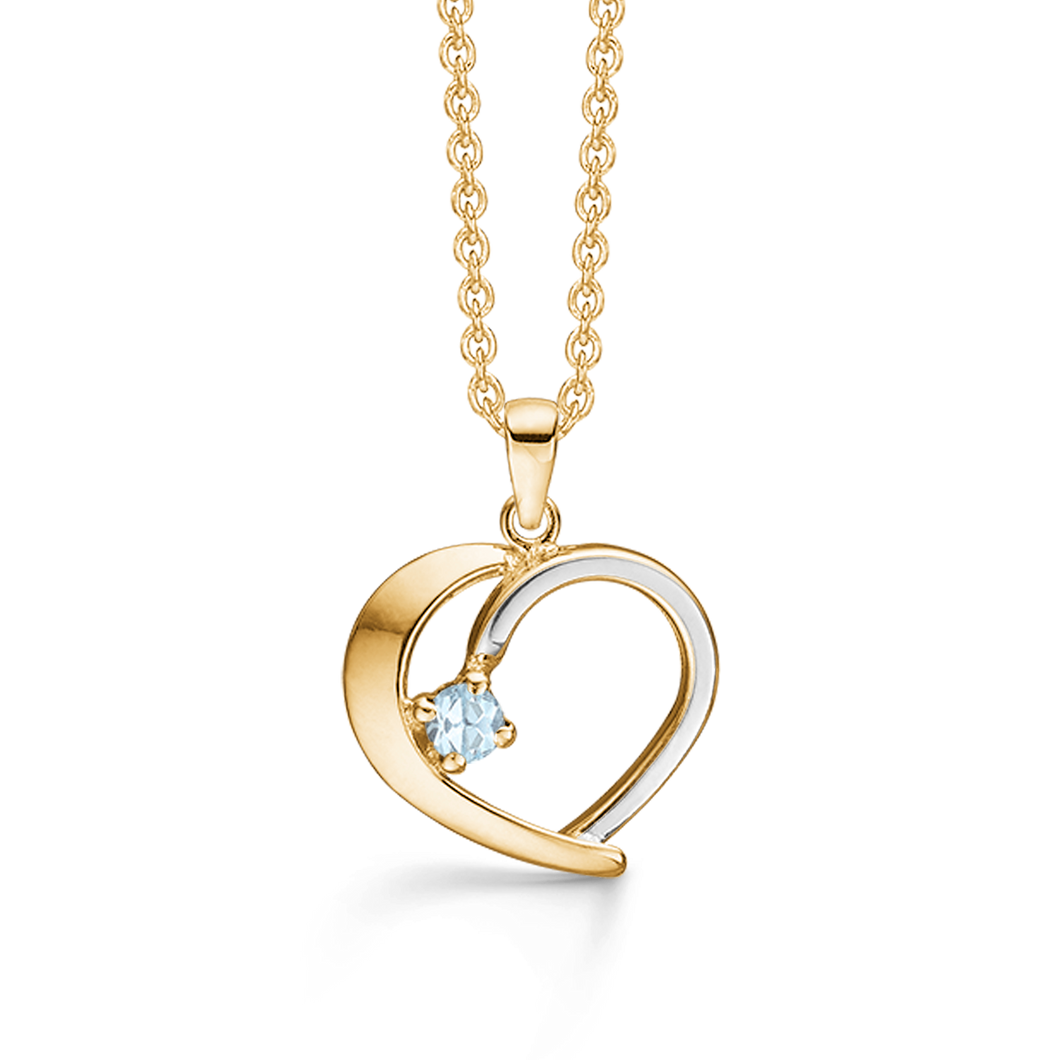 Necklace with heart by with 3 mm blue topaz on one side with rhodium in 8 kt. gold (333)