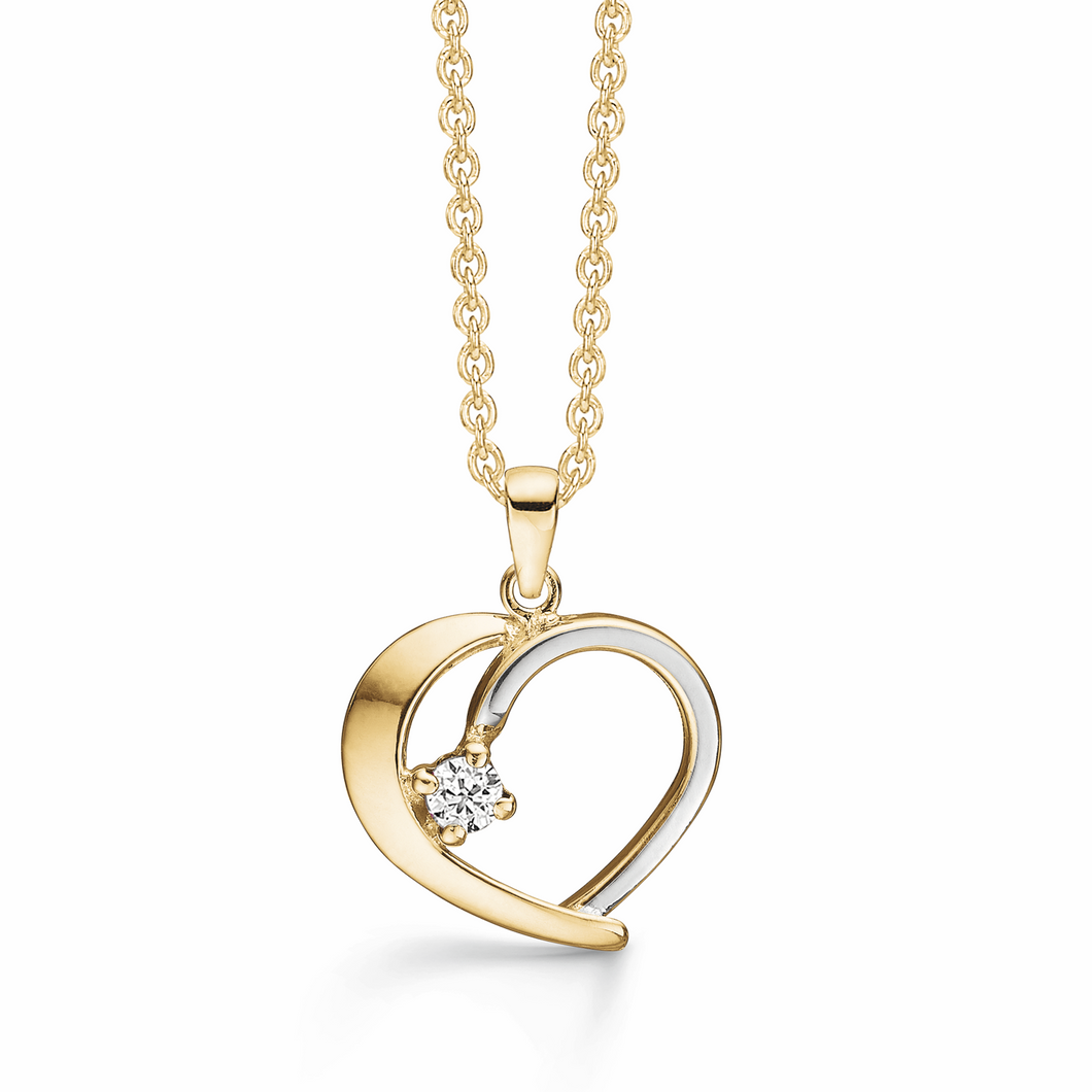 Necklace with heart by with 3 mm zirconia on one side with rhodium in 8 kt. gold (333)