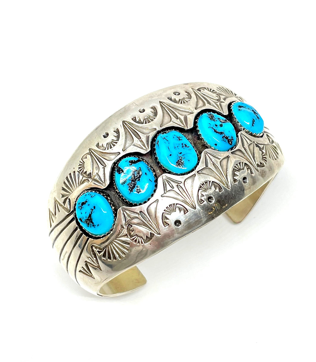 Vintage fixed bangle with 5 turquoises in oxidized sterling silver (925)