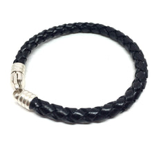 Load image into Gallery viewer, Leather bracelet ByKila, black braid with sterling silver clasp (925)
