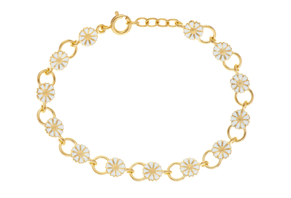 Daisy bracelet 13X7.5mm 24 kt. FG white enamel 18.5 cm (925)